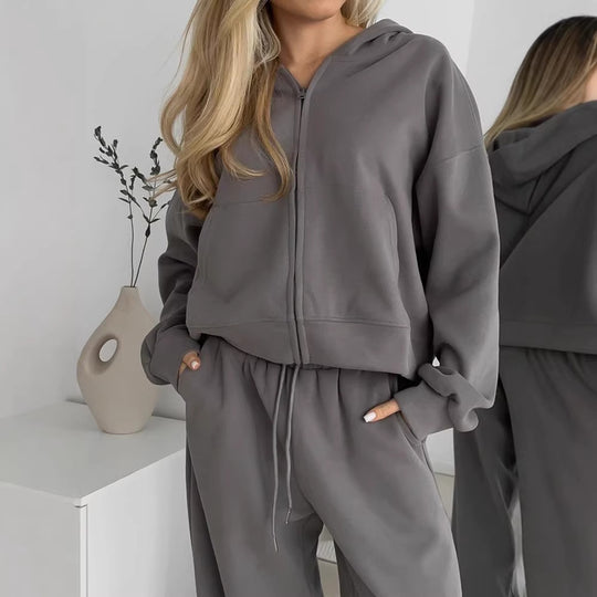 Damen lässiges Kapuzen-Sweatshirt mit Reißverschluss und weiten High-Waist Jogginghose Shop Nory