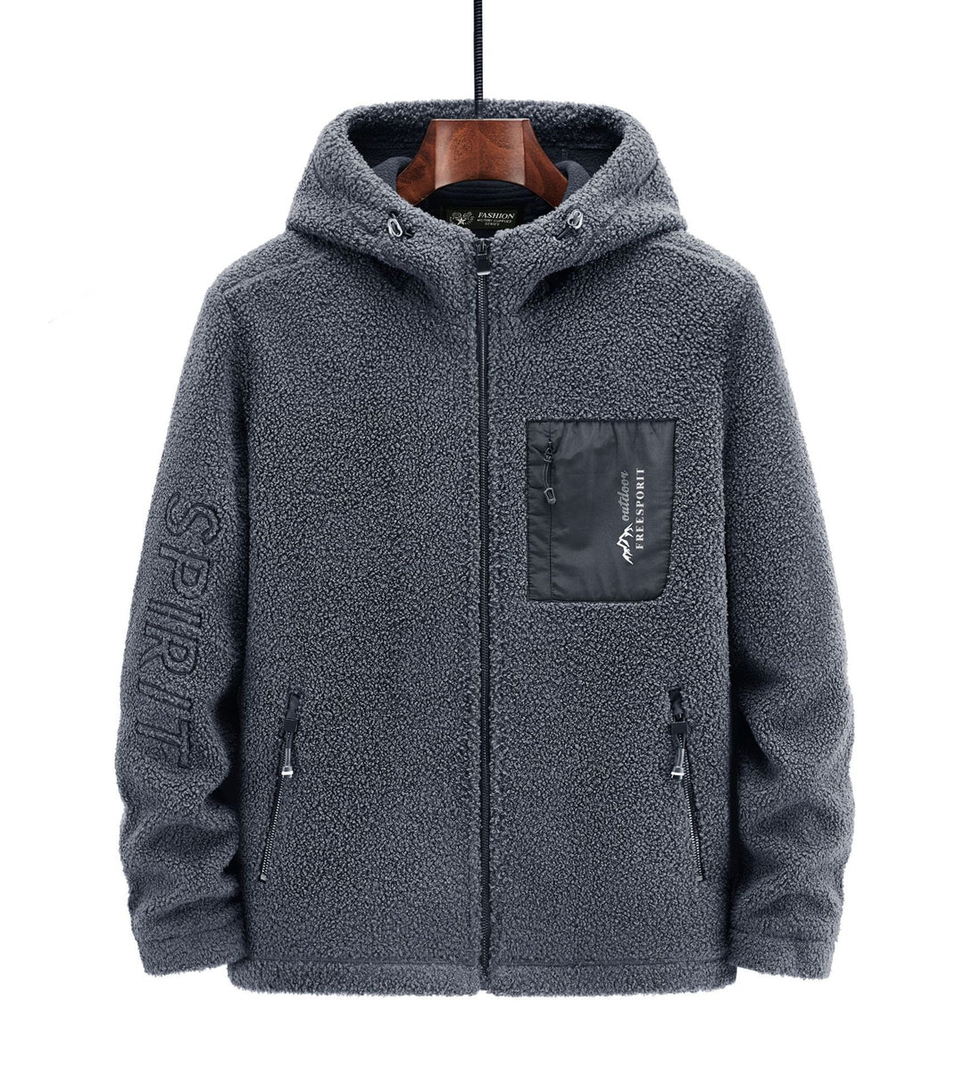 Herren Teddyfleece Kapuzenjacke mit Nylon-Brusttasche und Zwei‑Wege‑Reißverschluss Shop Nory