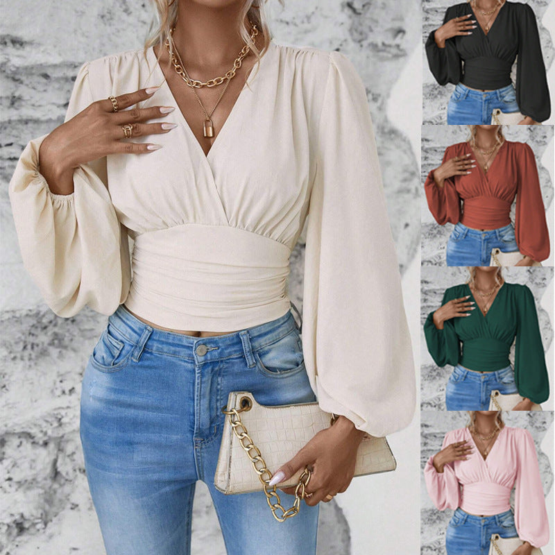 Damen Wickel-Cropped-Top mit geraffter Taillenpartie und weiten Ballonärmeln Shop Nory
