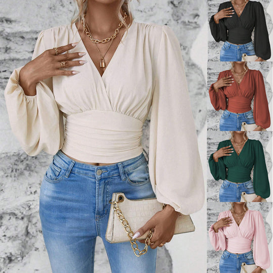 Damen Wickel-Cropped-Top mit geraffter Taillenpartie und weiten Ballonärmeln Shop Nory