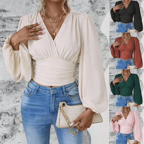 Damen Wickel-Cropped-Top mit geraffter Taillenpartie und weiten Ballonärmeln Shop Nory