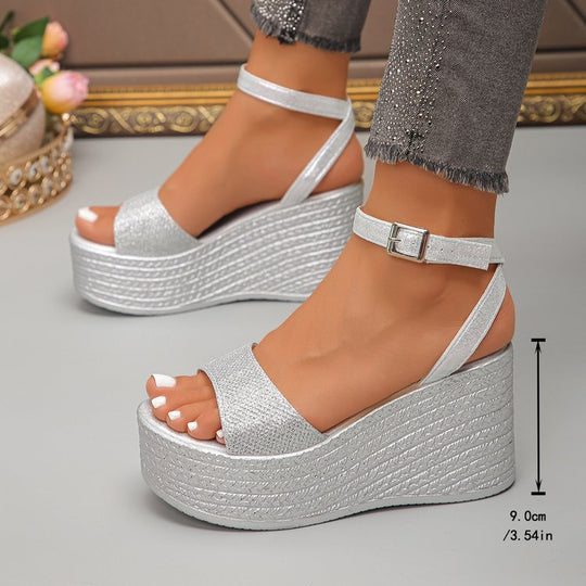 Damen modische Plateau-Sandalen mit glänzendem Obermaterial und verstellbarem Riemen