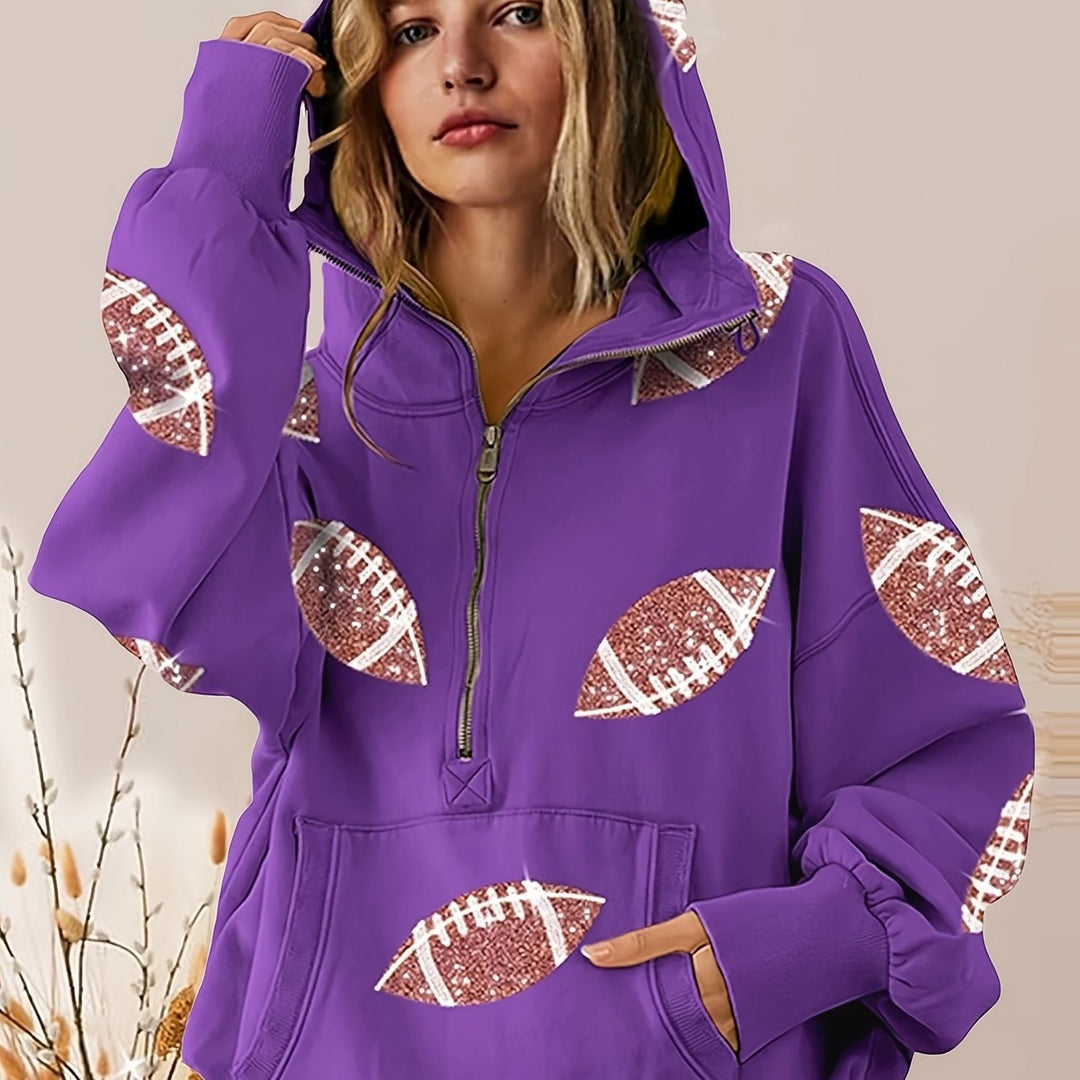 Damen Oversized Kapuzenpullover mit halbem Reißverschluss und Pailletten‑Football-Applikation Shop Nory