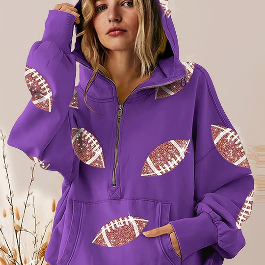 Damen Oversized Kapuzenpullover mit halbem Reißverschluss und Pailletten‑Football-Applikation Shop Nory