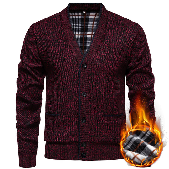 Herren Strukturierter V-Ausschnitt Strickcardigan mit kontrastierter Kante und kariertem Innenbesatz Shop Nory