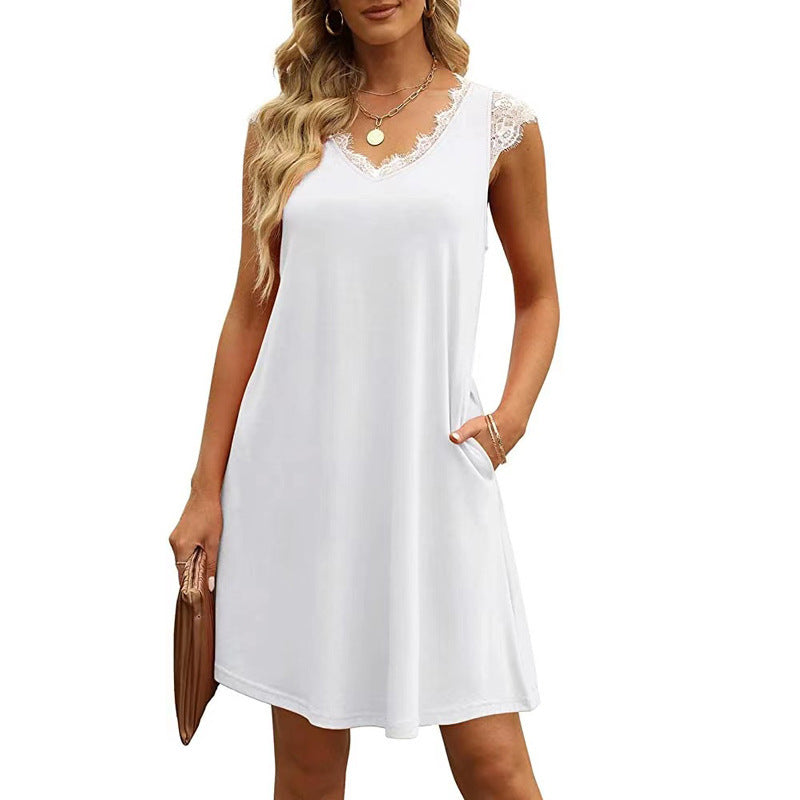 Damen ärmelloses Kleid mit Spitzendetail und seitlichen Taschen Shopnory