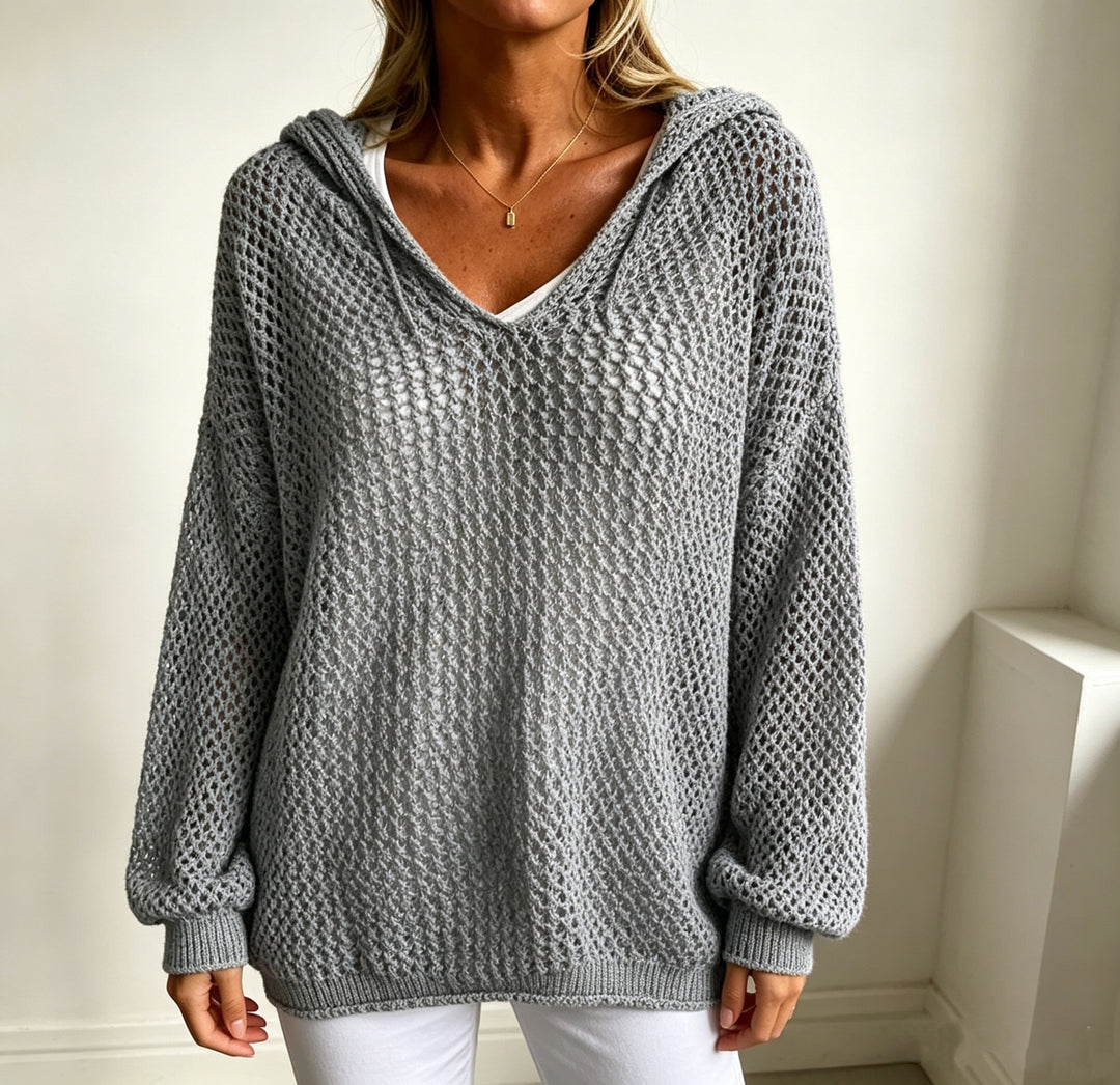 Damen Grobgestrickter V-Ausschnitt-Pullover mit Kapuze und Lochmuster Shop Nory