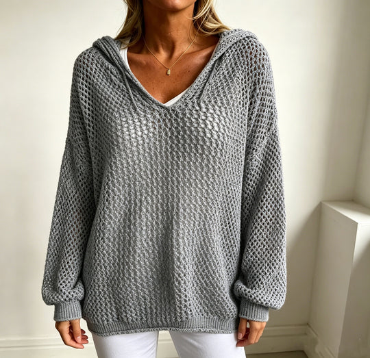 Damen Grobgestrickter V-Ausschnitt-Pullover mit Kapuze und Lochmuster Shop Nory
