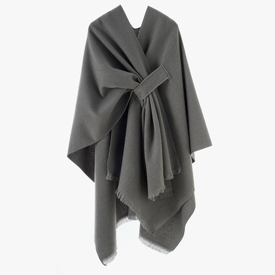Damen leichter Wollmix-Überwurf mit Fransen und Bindegürtel Shop Nory