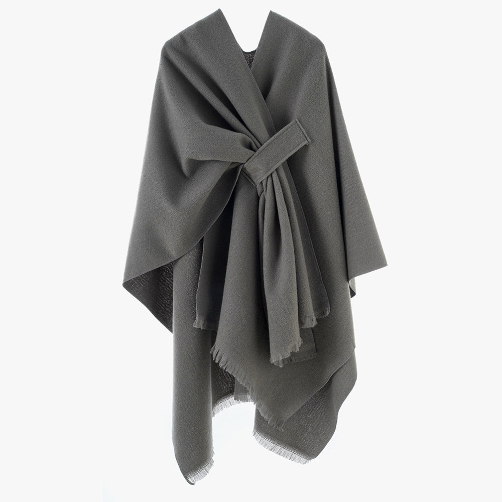 Damen Strickponcho mit geometrischem Blockmuster und Fransen Shop Nory