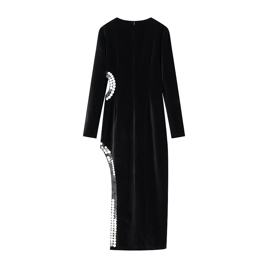 Damen Figurbetontes Samt-Maxikleid mit langen Ärmeln und seitlicher Pailletten-Detailierung Shop Nory