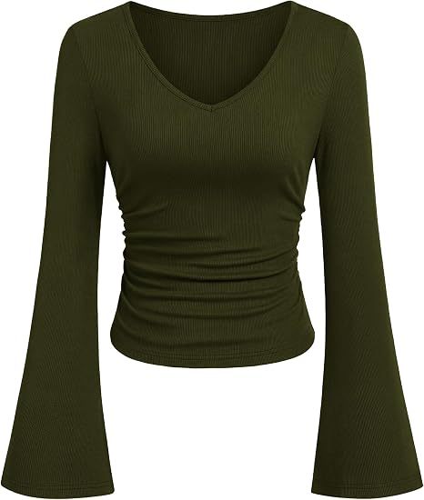 Damen Geripptes Cropped-Top mit V-Ausschnitt, taillierter Raffung und ausgestellten Trompetenärmeln Shop Nory