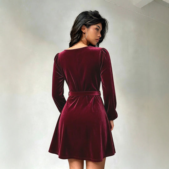 Damen elegantes Samt-Minikleid mit V-Ausschnitt Knopfleiste Ballonärmeln und Taillengürtel Shop Nory