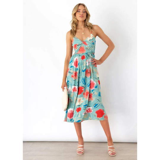 Damen Midikleid mit elegantem Wickeldesign und floralem Mustermix