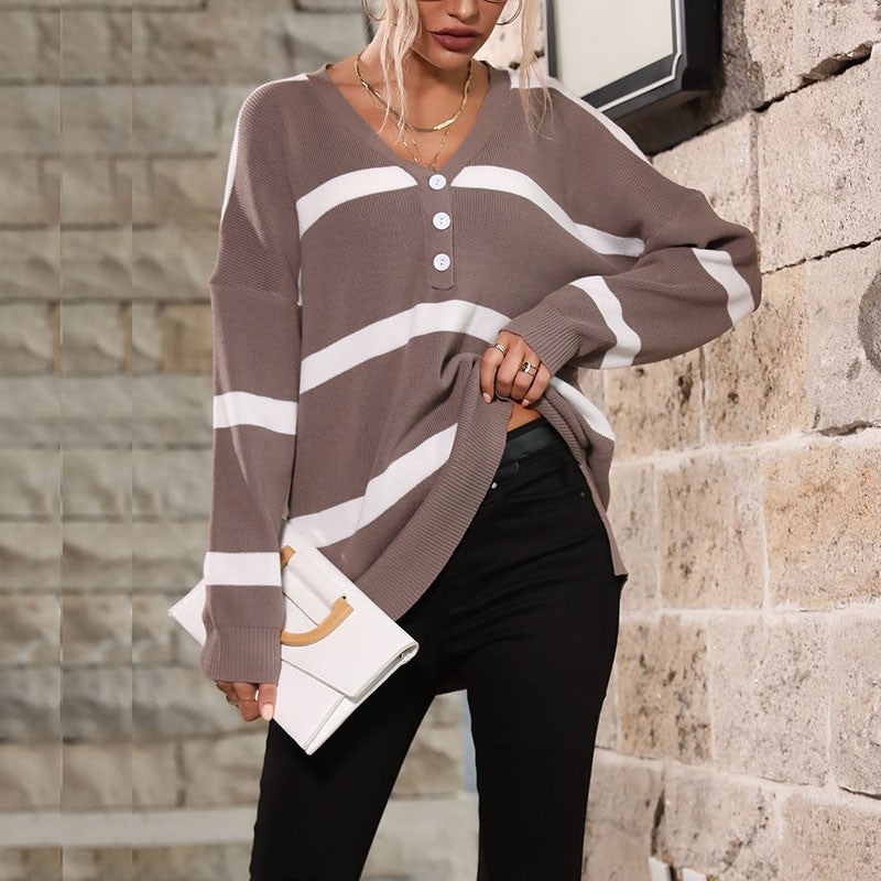 Damen Lässiger Strickpullover mit V-Ausschnitt und Knopfleiste Shop Nory