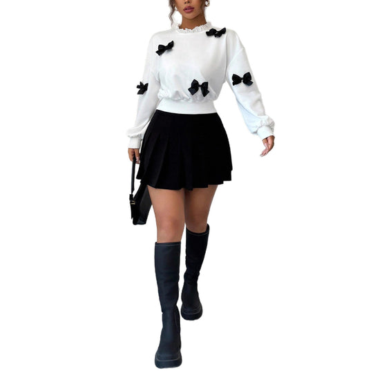 Damen Cropped Sweatshirt mit Rüschenkragen, Ballonärmeln und Zier‑Schleifen Shop Nory