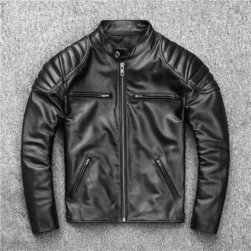 Herren Vintage Biker-Lederjacke mit Stehkragen und gesteppter Schulterpolsterung Shop Nory