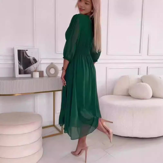 Damen Chiffon Maxi Kleid mit V-Ausschnitt, Rüschengesäß und 3/4 Ärmeln Shop Nory