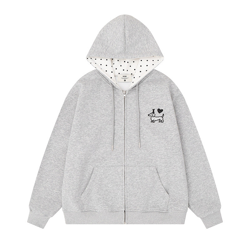 Damen Kapuzen-Sweatjacke mit gesticktem Dackel‑Motiv und gepunkteter Kapuzenfütterung Shop Nory