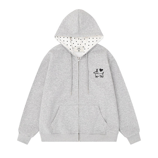 Damen Kapuzen-Sweatjacke mit gesticktem Dackel‑Motiv und gepunkteter Kapuzenfütterung Shop Nory