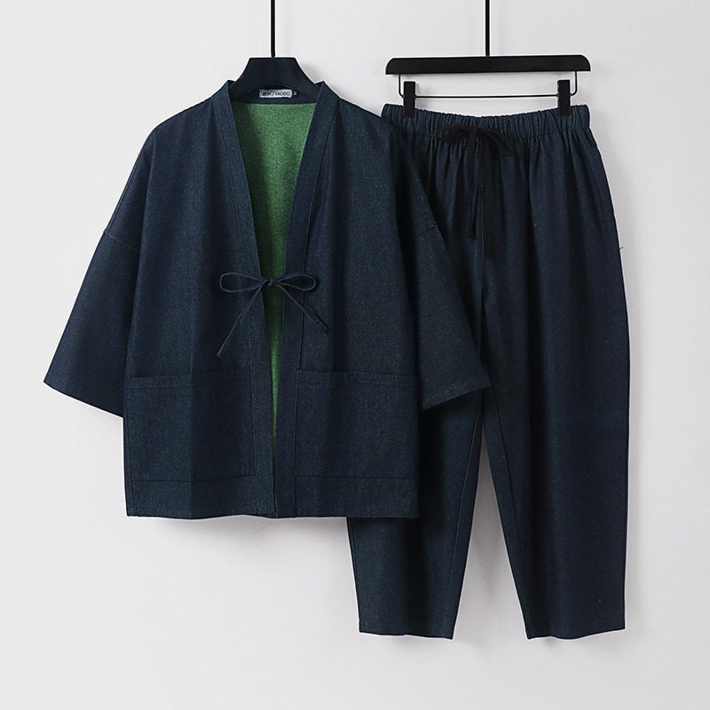 Unisex Lässiges Denim-Kimono-Set mit kurzarm Jacke, Bindeband und elastischer Bundhose Shop Nory