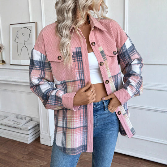 Damen Karierte Hemdjacke mit Cordbesatz und Oversize-Schnitt Shop Nory