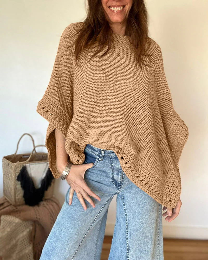 Damen Leichtes Oversize Strickponcho mit Häkelkante Shop Nory