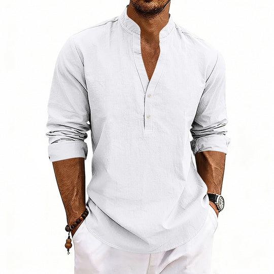 Herren Casual-Langarmhemd aus Leinen mit Stehkragen und kurzer Knopfleiste Shop Nory