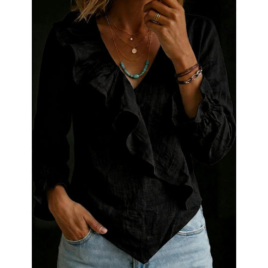 Damen Volant‑Bluse im Leinenlook mit Wickeloptik und asymmetrischem Zipfelsaum Shop Nory