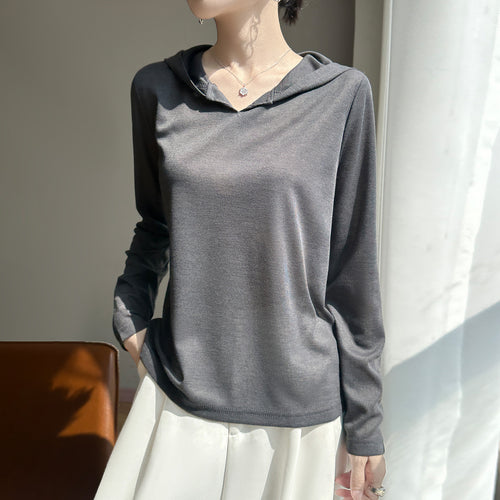 Damen Leichter Kapuzenpullover mit V‑Ausschnitt und feinem Jersey Shop Nory