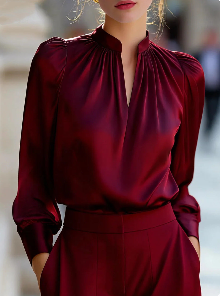 Damen Elegante Bluse mit Stehkragen und Bouffant-Ärmeln Shop Nory