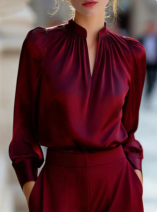 Damen Elegante Bluse mit Stehkragen und Bouffant-Ärmeln Shop Nory