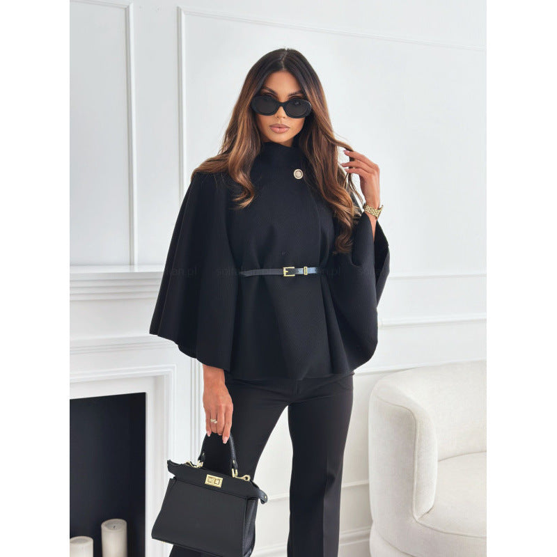 Damen Cape-Mantel mit tailliertem Ledergürtel und Stehkragen Shop Nory