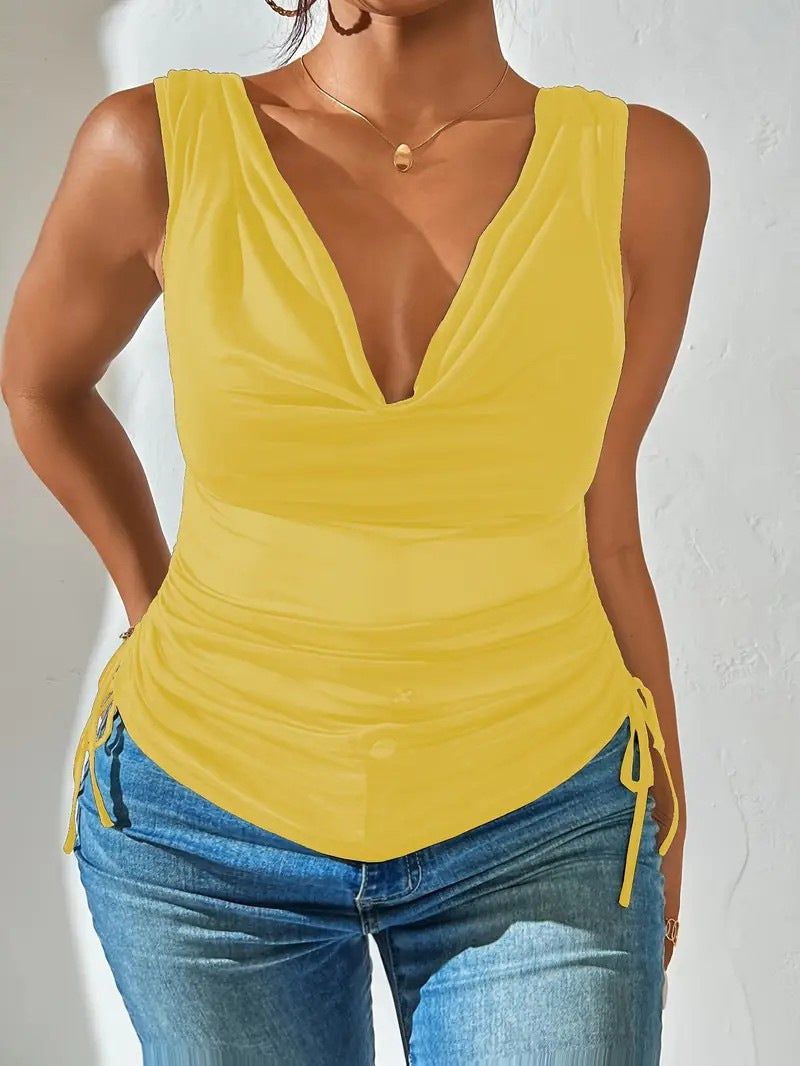 Damen Ärmelloses drapiertes V-Ausschnitt Top mit seitlicher Raffung Shop Nory