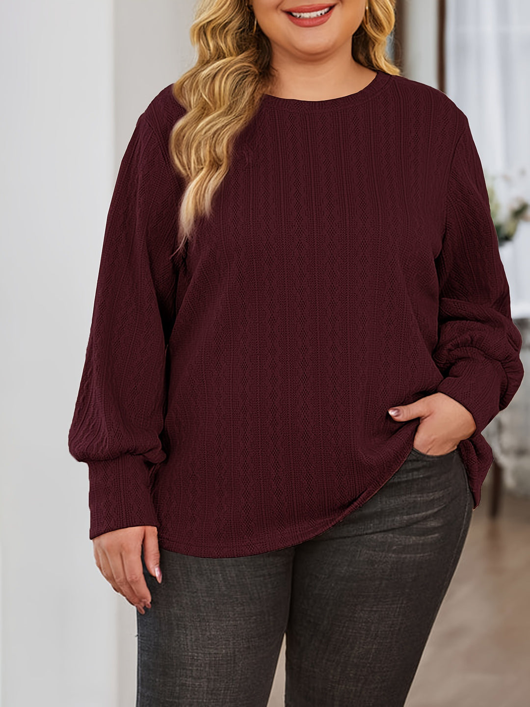 Damen Texturierter Oversize-Strickpullover mit Rundhalsausschnitt und Ballonärmeln Shop Nory