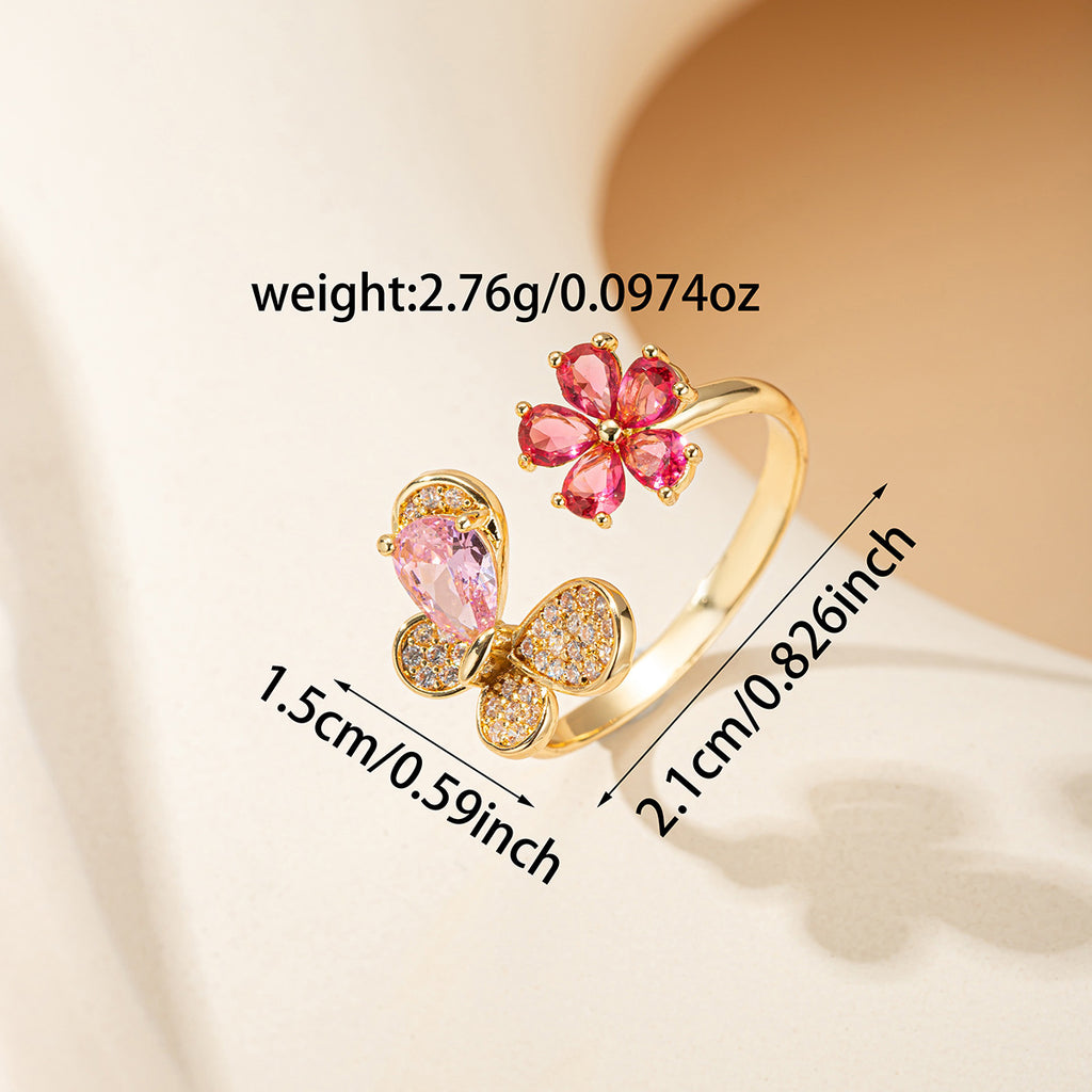 Damen eleganter und glitzernder Ring mit Schmetterlings- und Blumenmotiv Shop Nory