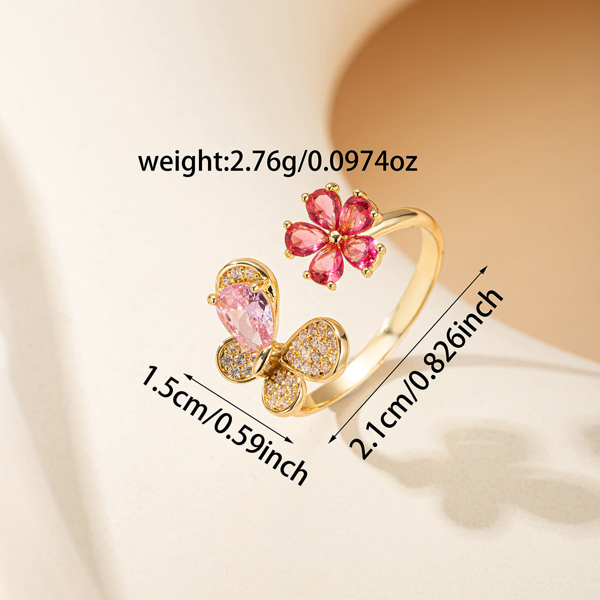 Damen eleganter und glitzernder Ring mit Schmetterlings- und Blumenmotiv Shop Nory