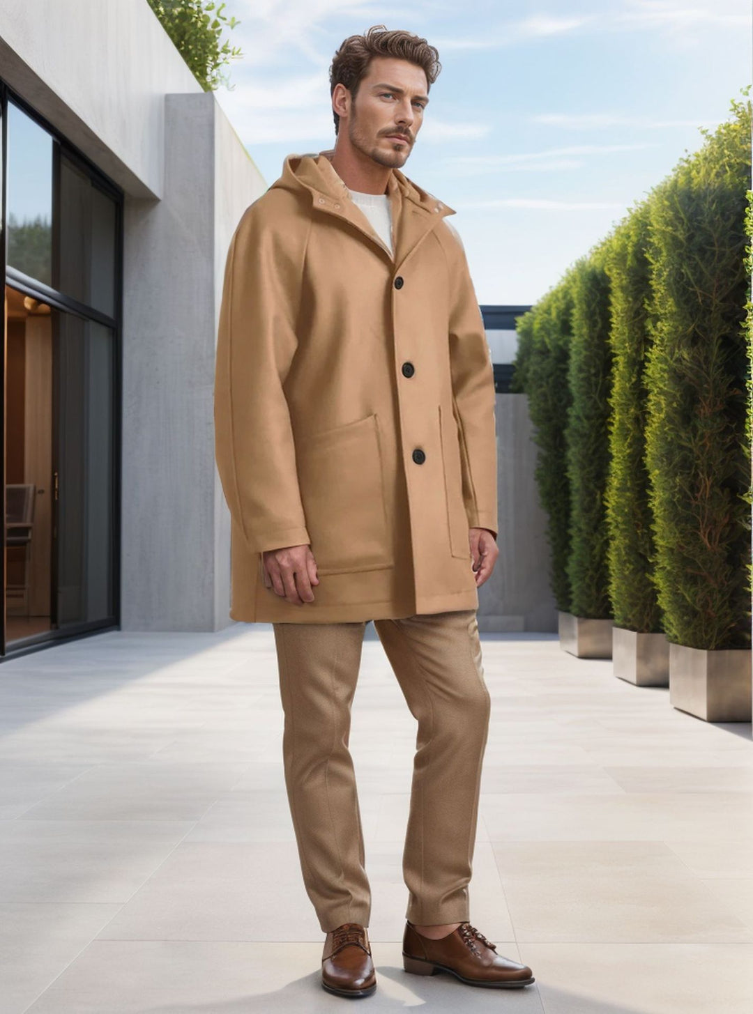 Herren Kapuzenmantel aus Wollmix mit gerader Silhouette, verdeckter Knopfleiste und großen Aufgesetzten Taschen Shop Nory
