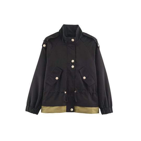 Damen leichte Utility-Jacke mit Tunnelzug-Taillenraffung, Stehkragen und Pattentaschen Shop Nory