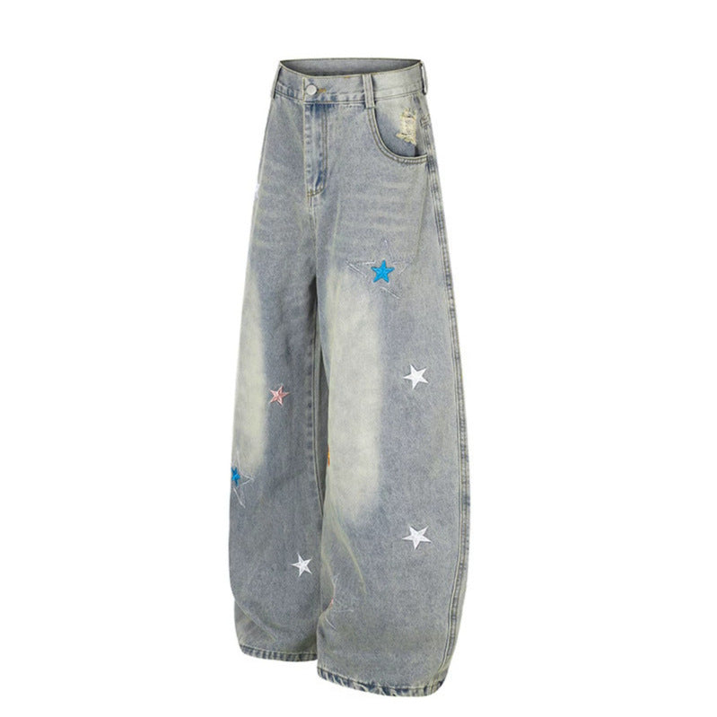 Damen Weite High-Waist Palazzo-Jeans mit Stern-Stickereien und Used-Effekt Shop Nory