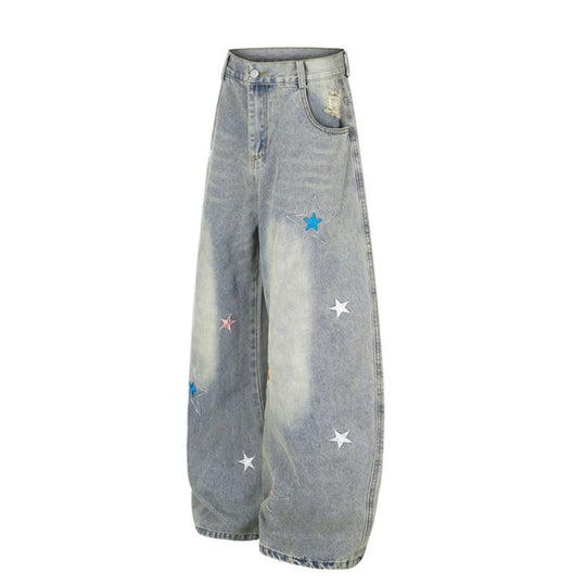 Damen Weite High-Waist Palazzo-Jeans mit Stern-Stickereien und Used-Effekt Shop Nory