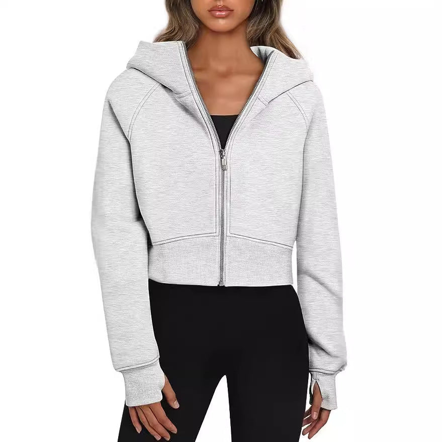 Damen Kurz geschnittener Performance-Kapuzenpullover mit durchgehendem Reißverschluss und Daumenlochbündchen Shop Nory
