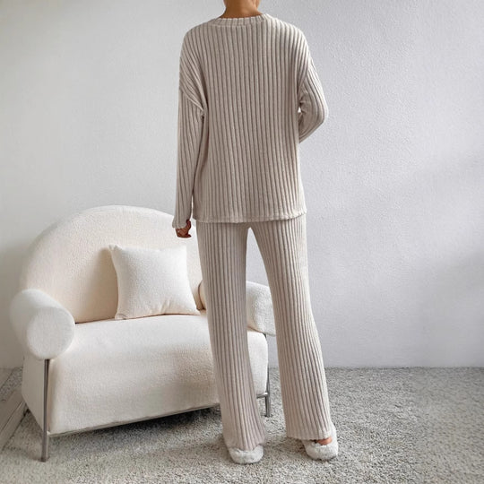 Frauen Rippstrick Lounge Set aus weichem Strick mit V-Ausschnitt und weitem Bein Shop Nory