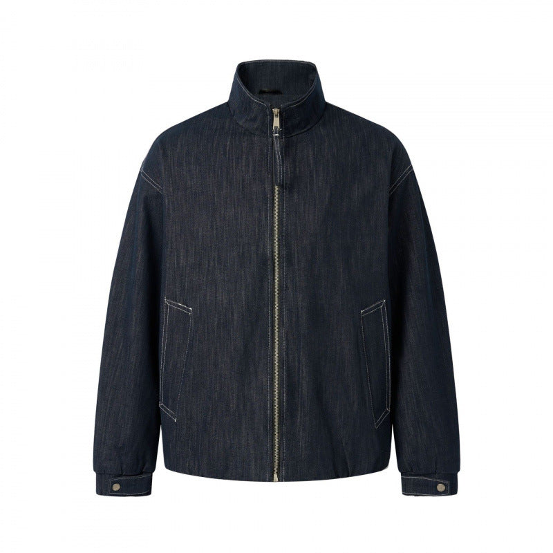 Unisex Kastenförmige Jeans-Blousonjacke mit Stehkragen, Reißverschluss und elastischem Saum Shop Nory