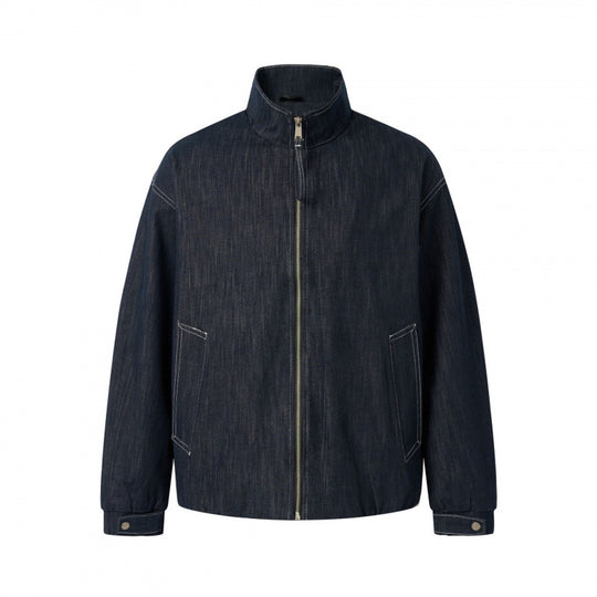 Unisex Kastenförmige Jeans-Blousonjacke mit Stehkragen, Reißverschluss und elastischem Saum Shop Nory