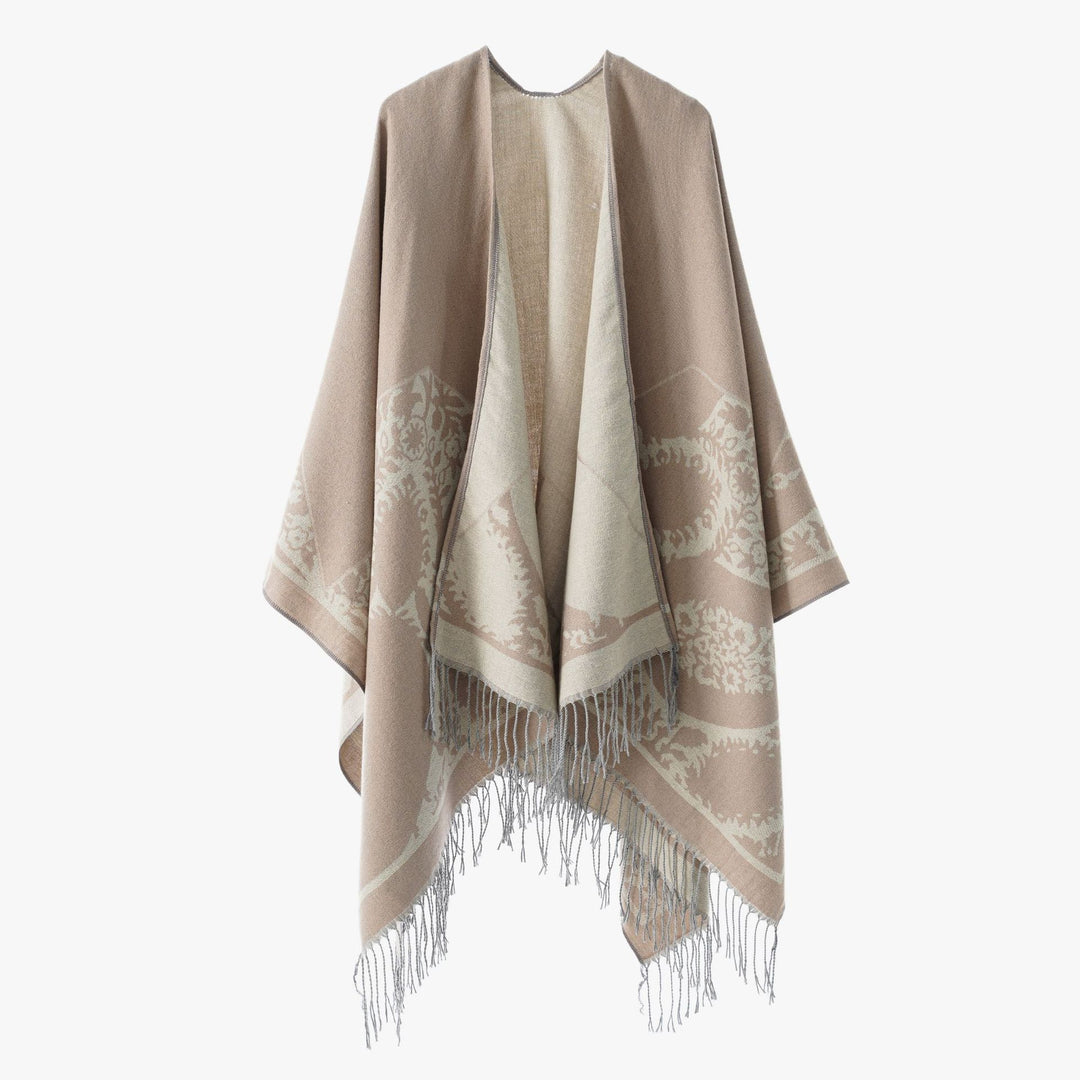 Damen Wendbarer Feinstrick-Poncho mit Jacquardmuster und Fransensaum Shop Nory