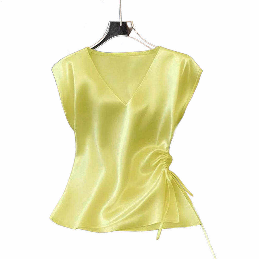 Damen Satinbluse mit seitlichem Kordelzug und V-Ausschnitt