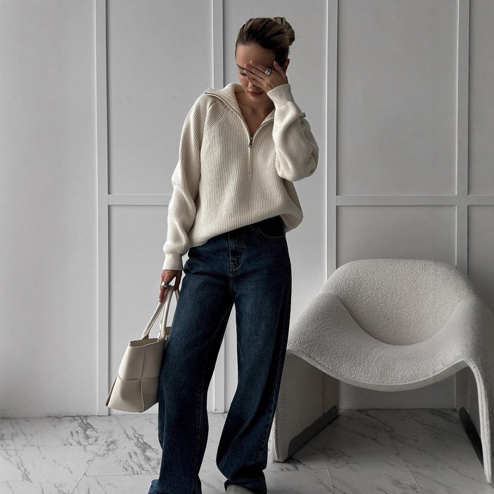 Damen Gerippter Wollmix-Pullover mit halbem Reißverschluss und weitem Stehkragen Shop Nory