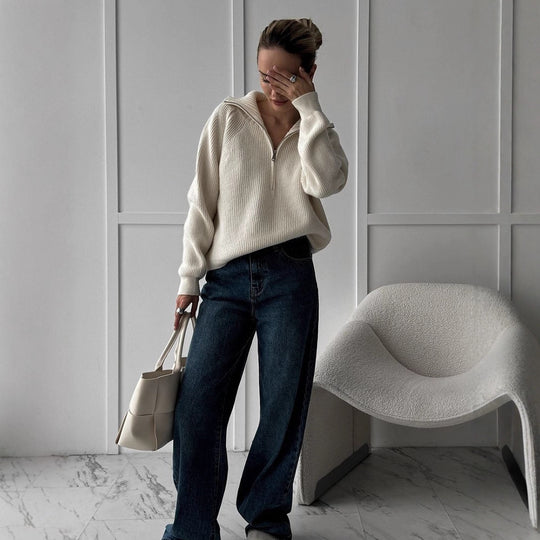 Damen Gerippter Wollmix-Pullover mit halbem Reißverschluss und weitem Stehkragen Shop Nory