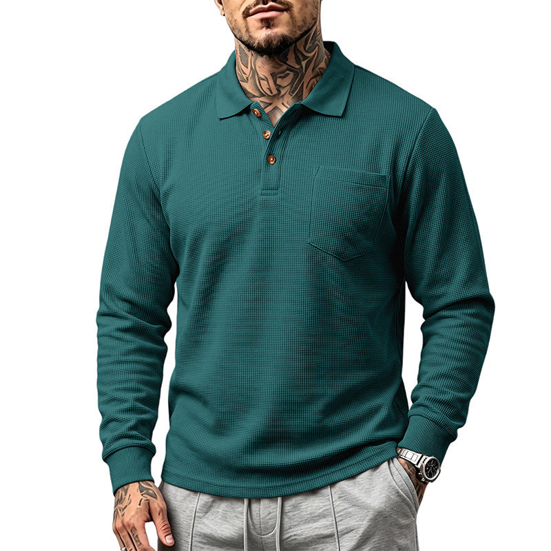 Herren Waffelstrukturiertes Langarm-Poloshirt mit Brusttasche und Holzknopfleiste Shop Nory